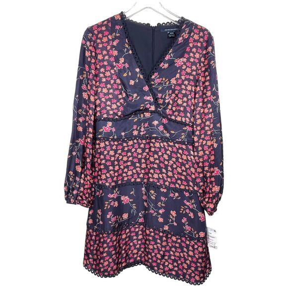 French Connection Daisy Crush Dress Size 6 NWT Navy Pink Floral Boho Mini Tiered - Picture 2 of 13